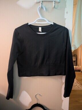 Aerie Offline Black Long-Sleeve Cropped Crewneck Athletic Top